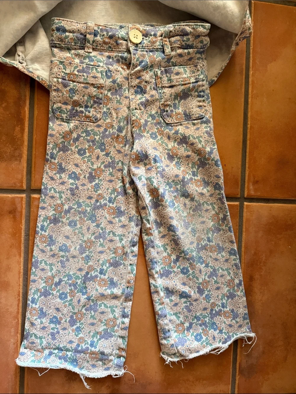 Zara girls adorable Floral denim twill pant jacket Set - Blue pink 2/3